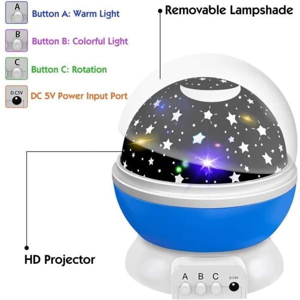 Børnenatlampe Stjerneprojektion 360° Roterende Lampe - Blå