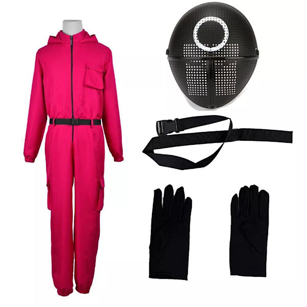 Squid Game 2 NPC Kostym Cosplay Rekvisita Jumpsuit och Bälte Outfit Maskerad Rosröd + Cirkelformad Mask Rose Red+ Circular Mask M