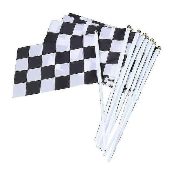 25 stk. ternede racerpolyesterflag med pind sort og hvidt håndflag 14x21cm