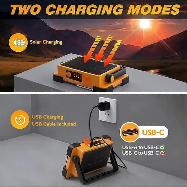 100W Solar Oppladbar Arbeidslampe 144LED 10000LM 4 Modus IP66 Bærbart Stativ