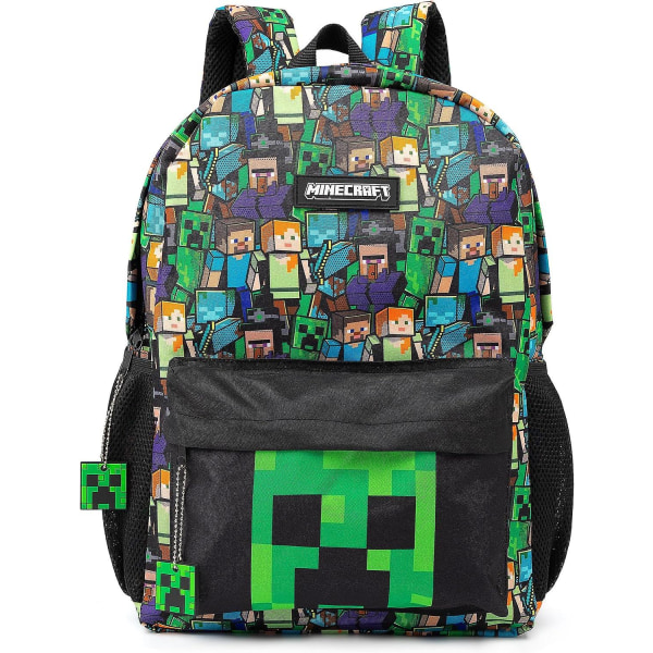 Minecraft ryggsäck för pojkar | Kids Gamer Svart skolryggsäck | Green Creeper Zombie Skeleton Enderman & Cave Spider Characters Bag