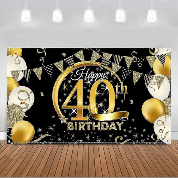 40 vuotta Happy Birthday Banner Suuri musta ja kultainen juliste, 40-vuotisjuhlakoristeet, juhlakoristeet miehille ja naisille - 180 x 11