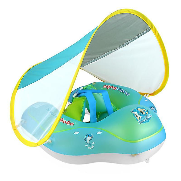 Baby svømmebasseng flyte med Upf50+ solbeskyttelse baldakin, Legg til hale Never Flip Oppblåsbar baby flyte for småbarn 3-48 måneder (blå) S