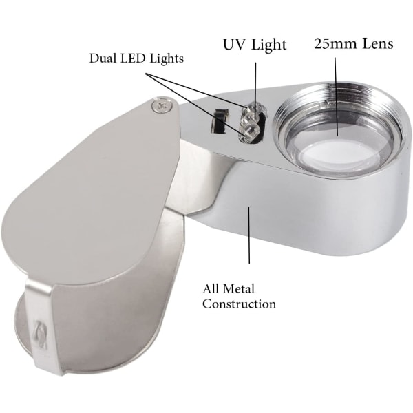 Juveler Lupp 40X Forstørrelse Metall Sammenleggbar Lupp med LED &