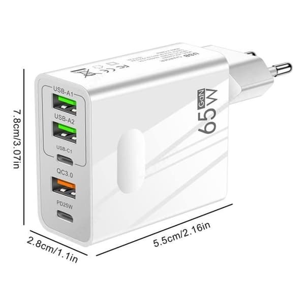Hurtigoplader - YuanYuan - 65W - 2 USB-C + 2 USB + 1 QC 3.0 - Hvid