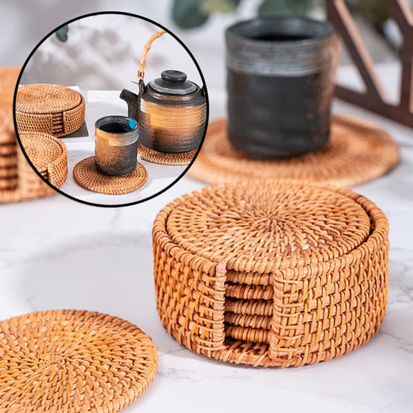 Rattan Coasters with Holder Storage Box Handmade Teacup Round Edge Coasters for Kitchen Table Drinks Crafts 8CM