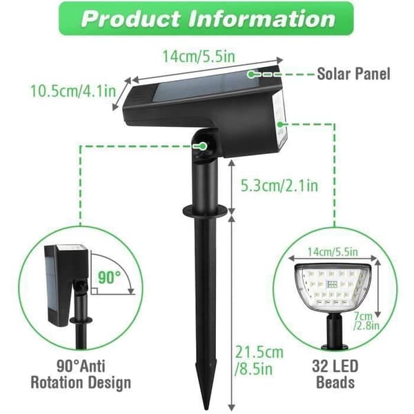 Solcellelampe - Ikke specificeret - 2 stk - 32 LED'er - 3 tilstande - IP65 vandtæt
