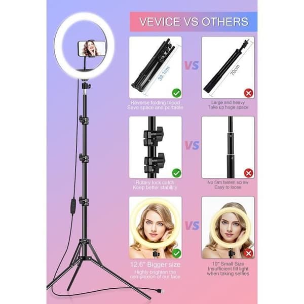 Ring Light med stativ, 26 cm Selfie Ring Light, justerbar LED Ring Light (Total højde: 210 cm)