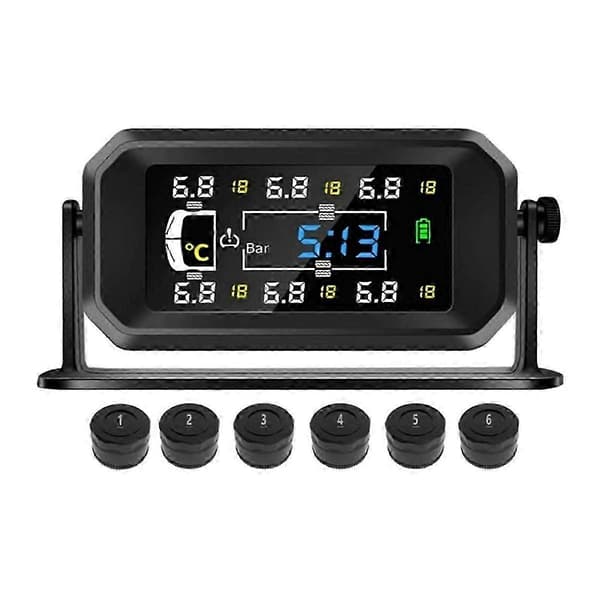 Bil Husbil Lastbil Tpms 6 Hjul Sensor Solcell Däcktrycksövervakningssystem Temperatur Klocka Tryck