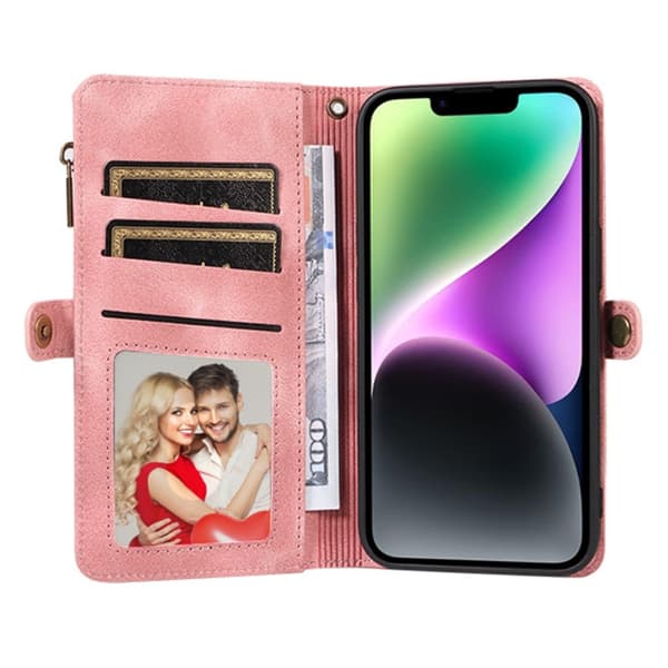 iPhone 15 Plus Deksel RFID Multifunksjonell Multi-Kort Rosa