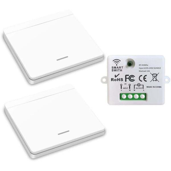 Wireless Light Switch, RF Transmitter Security Switch and 10A Receiver Controller, Easy Installation for Lamp up to 1500W