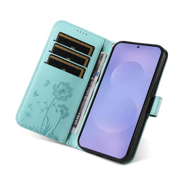 Samsung Galaxy S26 5G Case with Dandelion Embossing - Leather Flip Case Grön
