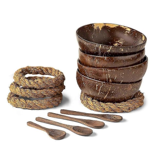 Sett med 4 kokosnøttskallboller + treskjeer og holdere for salat dark brown