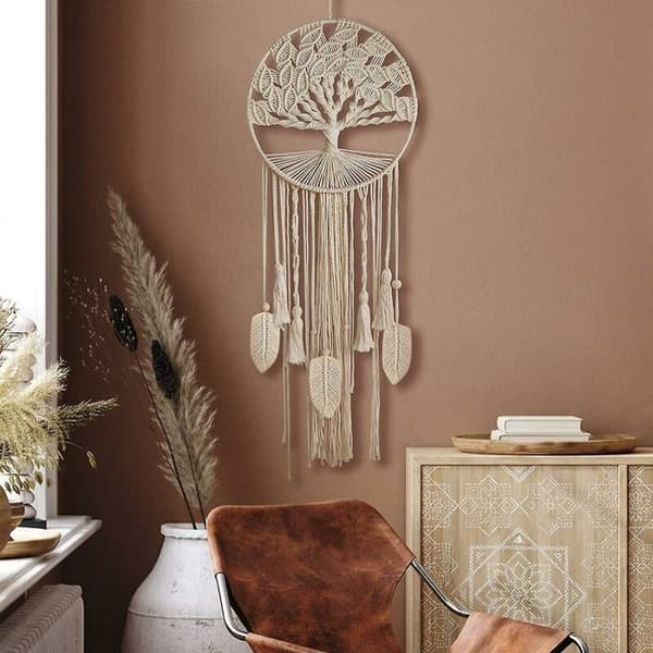Drömfångare - RICEEL - Livets träd - Beige - Väggdekor - Boho vävda fjädrar