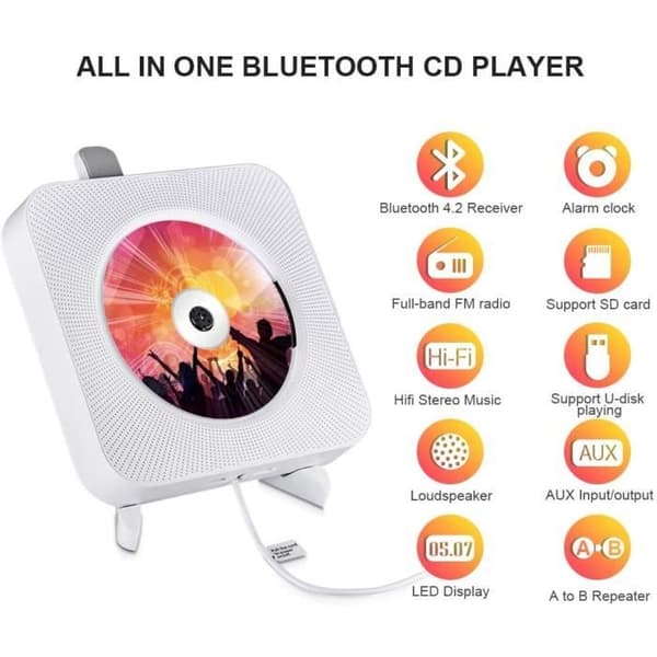 STILLCOOL Bærbar Bluetooth CD-spiller - Fjernkontroll HiFi-høyttaler - USB-stasjon - Hvit