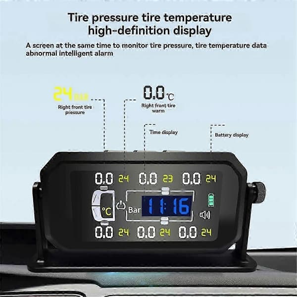 Bil Husbil Lastbil Tpms 6 Hjul Sensor Solcell Däcktrycksövervakningssystem Temperatur Klocka Tryck