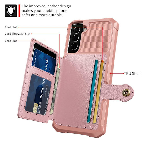 SKALO Kompatibel med Samsung S22 Stødsikkert Cover med Wallet - Pink Pink Rosa