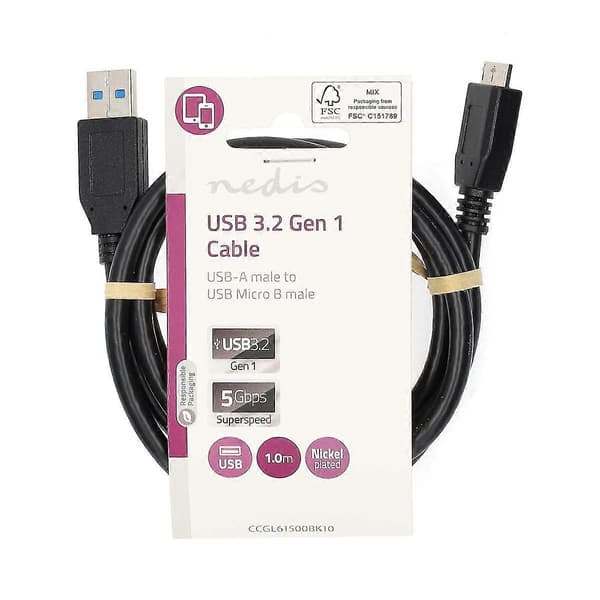 USB-kaapeli | USB 3.2 Gen 1 | USB-A Uros | USB Micro-B Uros | 5 Gbps | Nikkelipinnoitettu | 1.00 m | Pyöreä