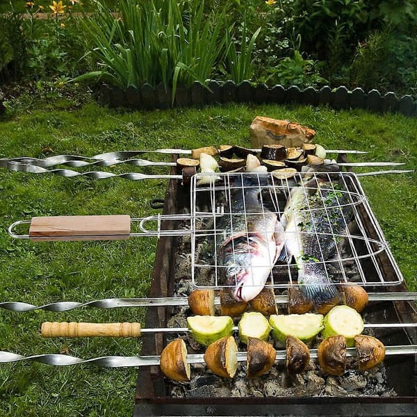 Fiskegrillkurv Trehåndtak i rustfritt stål for BBQ-grilling 2 stk