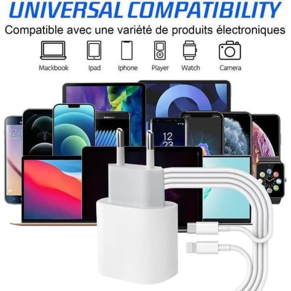 20W hurtiglader - USB C til Lightning - 2m - Kompatibel med iPhone/iPad - Ladeblokk