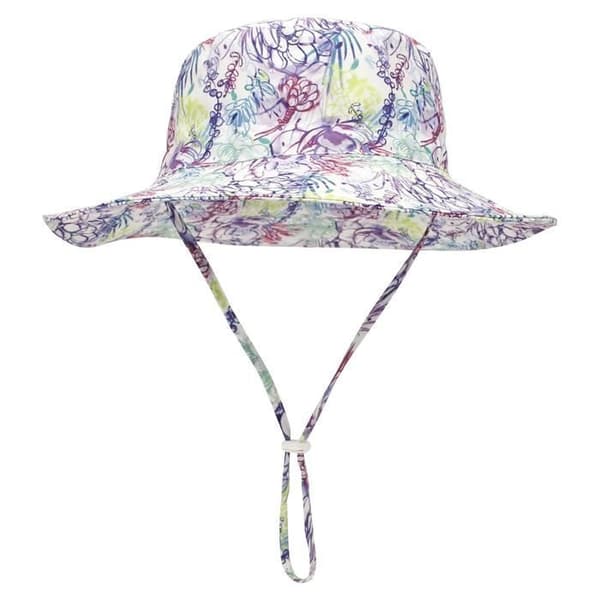 Bøttehatt for barn, UV-beskyttelse, pustende bomull, størrelse S, 1-3 år, bred brem, for gutter og jenter, strand, sommer - lilla blomst