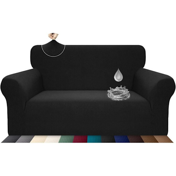 Stretchigt sofföverdrag, vattentätt och reptåligt för 2-sits soffa, elegant mönster med halkfria skumstavar (2-sits soffa, svart) KLB