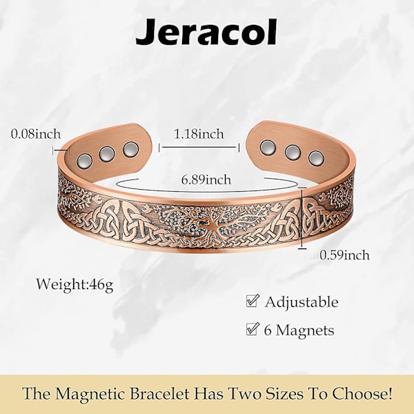 Armband, magnetiskt koppararmband för män kvinnor, Livets träd Soild kopparmanschettarmband Justerbar storlek