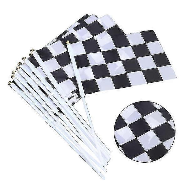 25 stk. ternede racerpolyesterflag med pind sort og hvidt håndflag 14x21cm