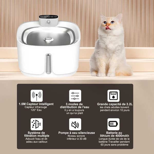 Trådløs kattevannfontene - 3,2L - Bevegelsessensor - Automatisk - 4000mAh batteri