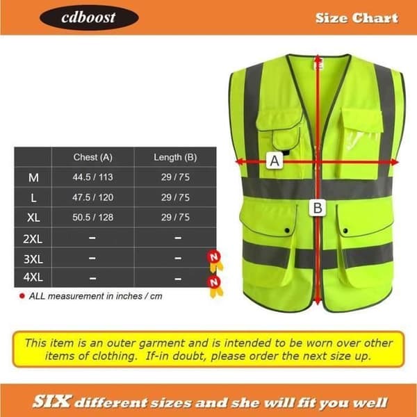 Gul vest, 9 lommer, klasse 2 synlighetsvest med refleksstriper - Unisex (M)