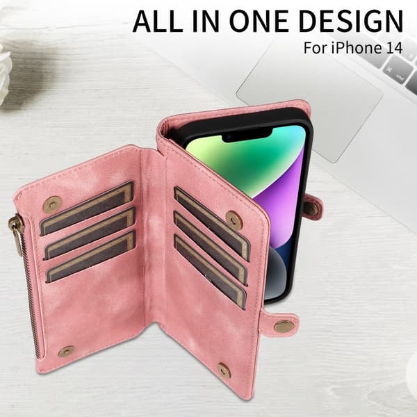 iPhone 15 Plus Deksel RFID Multifunksjonell Multi-Kort Rosa