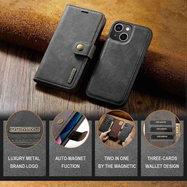 DG.MING For iPhone 15 Anti-Scratch Split Leather Lommebok Stativdeksel Avtakbart Magnetisk Telefondeksel S Grey Grey