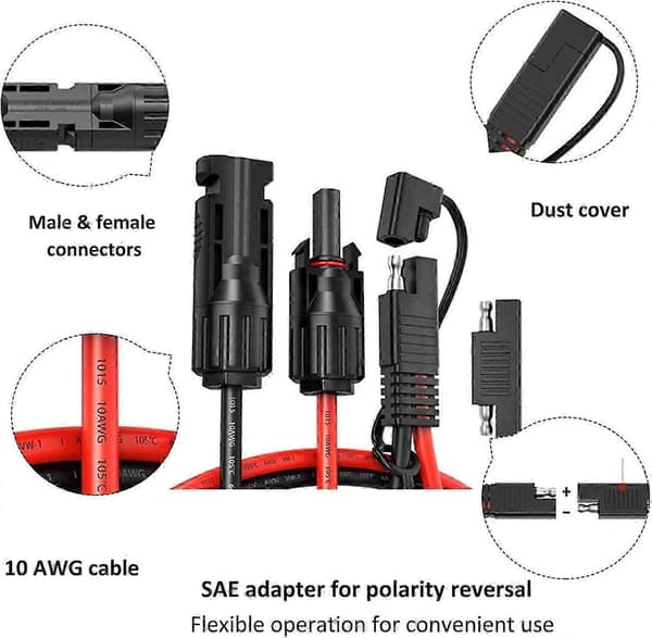 2 STK 1FT 10AWG MC4 til SAE Adapterkabel med polaritetsvendestik til solpaneludvidelsesudgave 0428