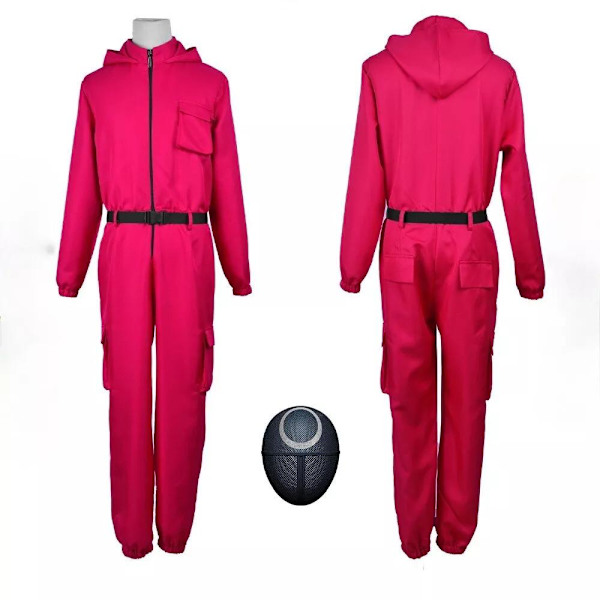 Squid Game 2 NPC Kostym Cosplay Rekvisita Jumpsuit och Bälte Outfit Maskerad Rosröd + Cirkelformad Mask Rose Red+ Circular Mask M
