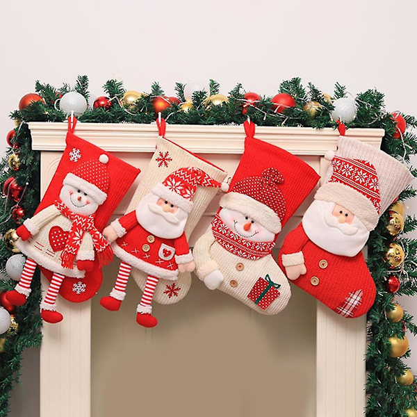 Julstrumpa Bred öppning Stor storlek Stickad Rivfast Söt Scen Layout Supermjuk hängande 3d Santa Snowman Doll Xmas Tree Presentpåse för Pa