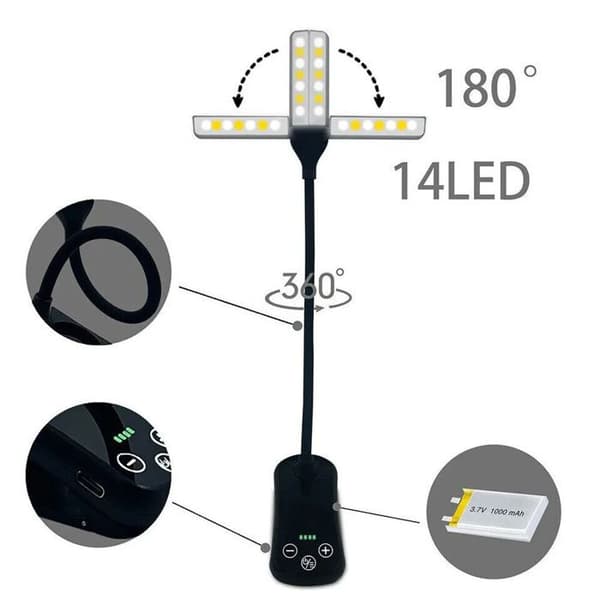 Leselampe - Fleksibel - USB oppladbar - 14 LED - Moderne design