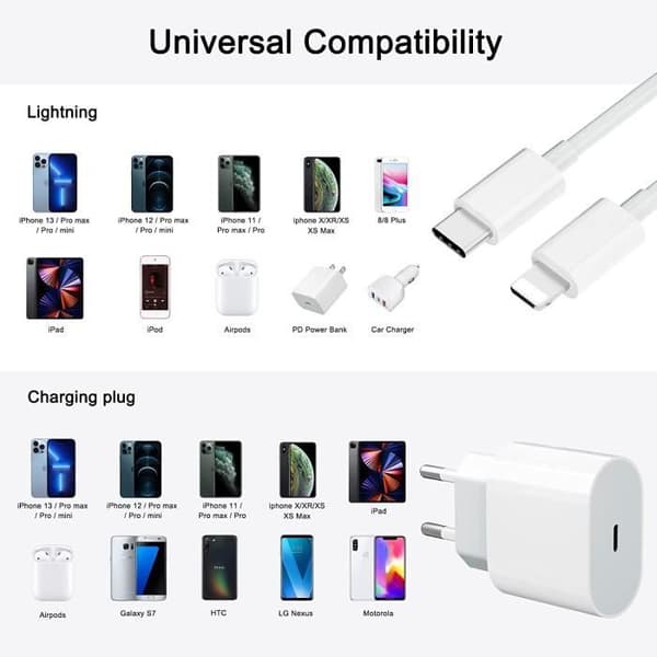 Rask lader - Apple - 20W - Kompatibel med iPhone 13 Pro Max - 1M kabel - Power Delivery 3.0