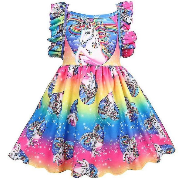 Jenter Barn Unicorn Print Ruffle Sundress Party Gradient Rainbow Swing Dress