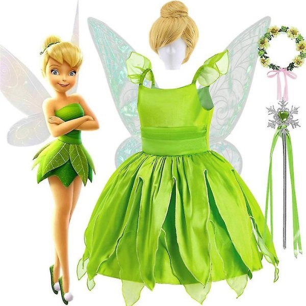 Halloween Tinkerbell-kostyme for jenter Flower Fairy Cosplay-antrekk Barn Karneval Grønn Prinsessekjole Barn Bursdagsgave