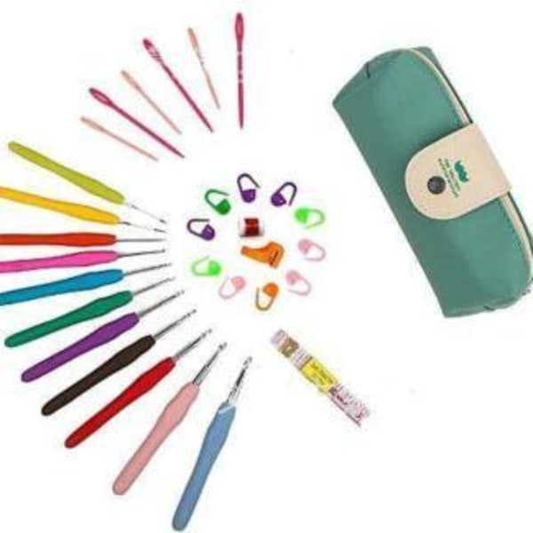 N103 - Set med 11 st virknålar plus stygnmarkörer, flervärgad varvräknare Multicolor one size