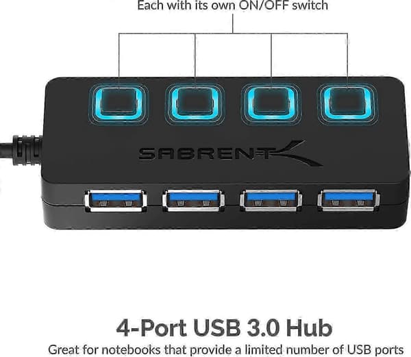 4-porters USB 3.0 datahub med individuell LED-strømbryter for Mac og PC HB-UM43