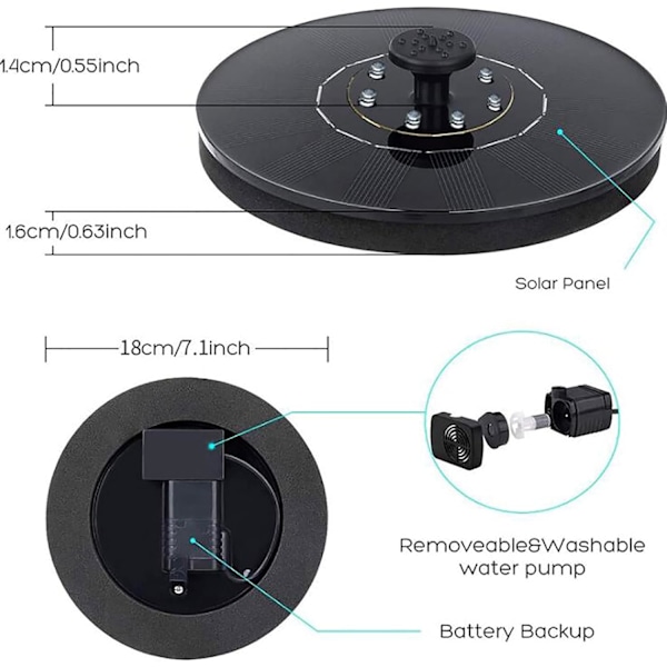 Solcelledrevet Vandfontæne 18 cm med Farverig LED-belysning -