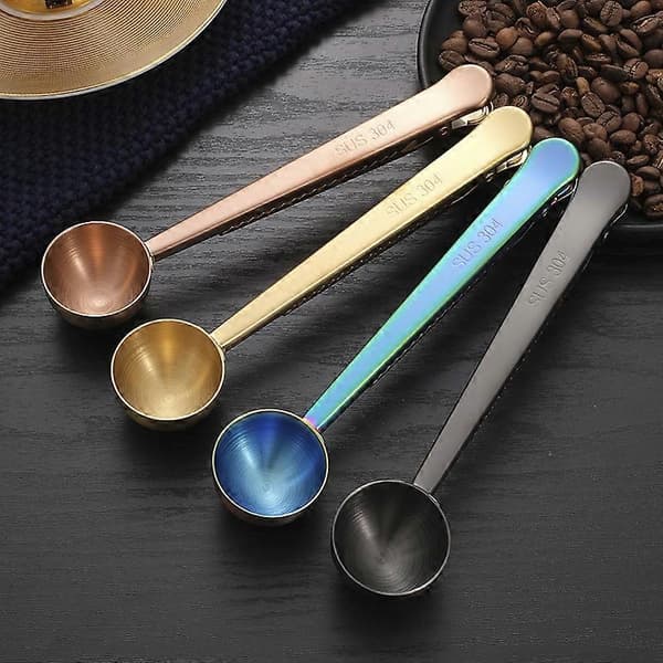 Kaffemål med klips, 2 i 1 rustfrit stål 1 spsk måleske til malet kaffe med poseklips til kaffe te (5-pak)