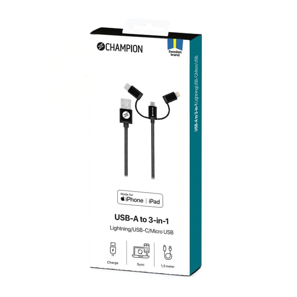 USB-A till Lightning, USB-C och Micro-USB 1,5m Svart 64