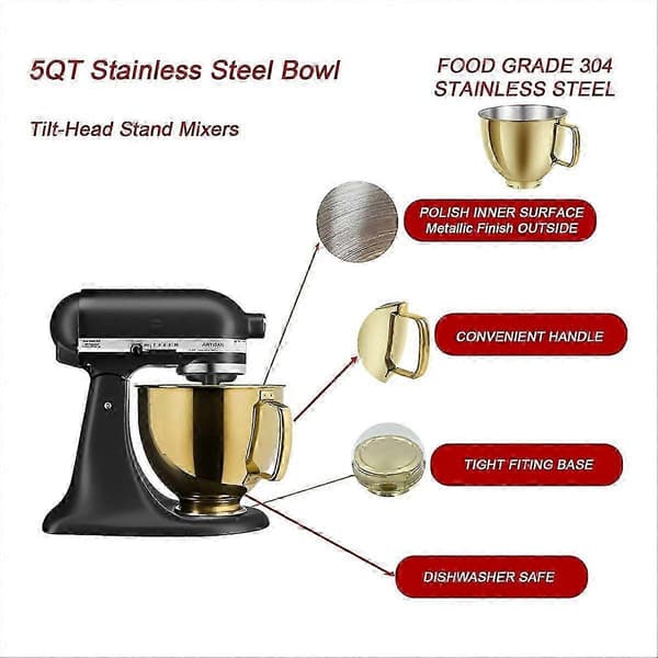 Guld 5 QT røreskål i rustfrit stål til KitchenAid standmixer