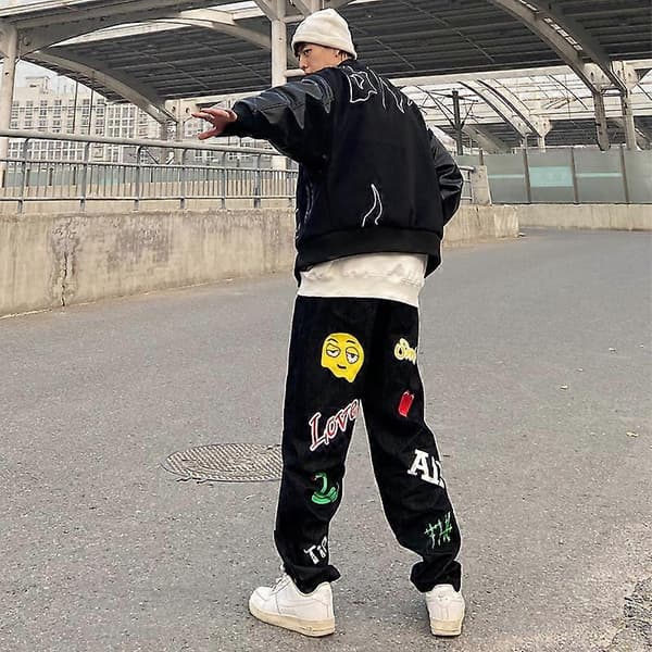 Tryckta jeans med hög midja och vida ben, långa