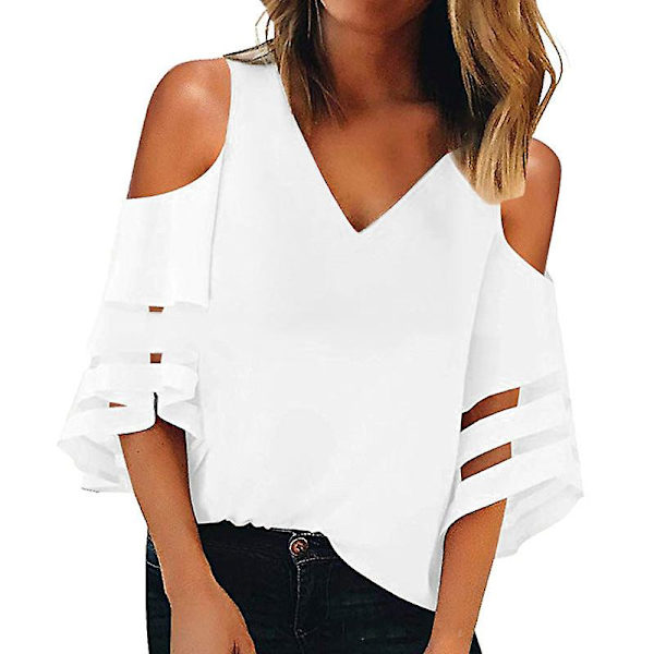 T-shirt dam sommartoppar 2022 v-ringad off-the-shoulder avskurna mesh