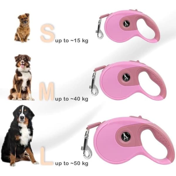 Hundkoppel - ZGEER - 3m - Utdragbart - 360° karbinhake - Rosa