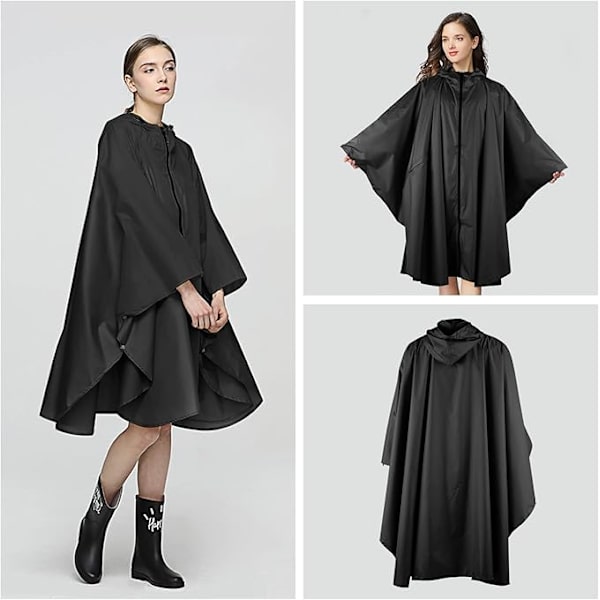 Regnkappa Kompatibel med Kvinnor, Lång Regnponcho, Vattentätt Regnkläder, Regnjacka, Vindtätt Regnskydd, Regnkappa, Regnkläder med Ficklock black