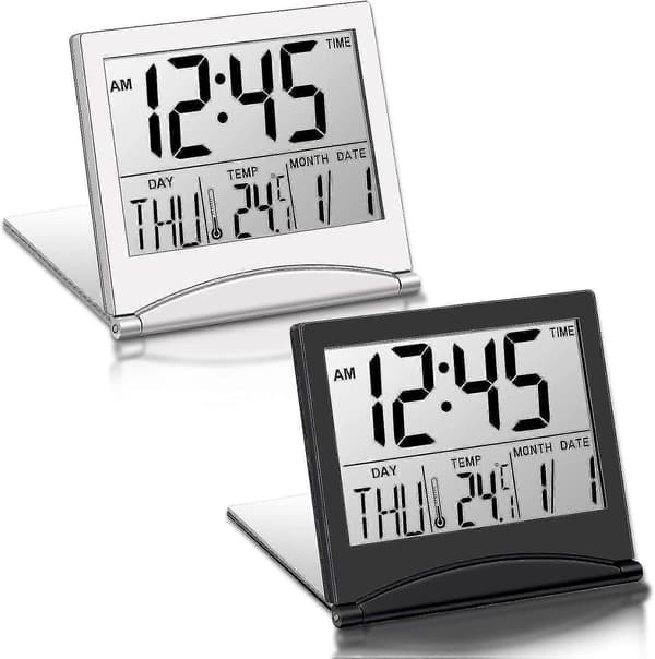 2-pack digital reseväckarklocka, vikbar LCD med kalender, temperatur, snooze, bärbar skrivbordsklocka